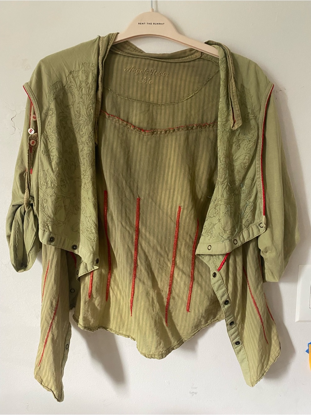 Olive Green Hooded Cardigan with Red Contrast Stitching